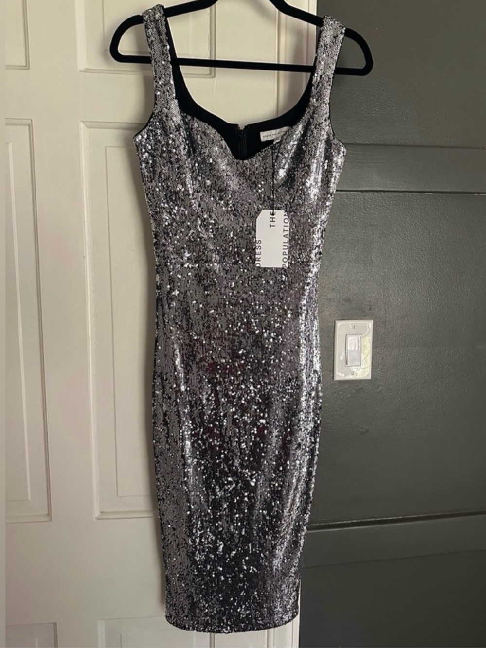 Dress the Population Sloane Silver Sequin Midi Dress Sparkly Bridal Party Disco